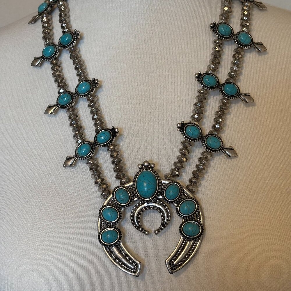 Silver tone faux turquoise squash blossom beaded necklace